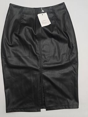 Women's Black Faux Leather Pencil Skirt with Center Seam